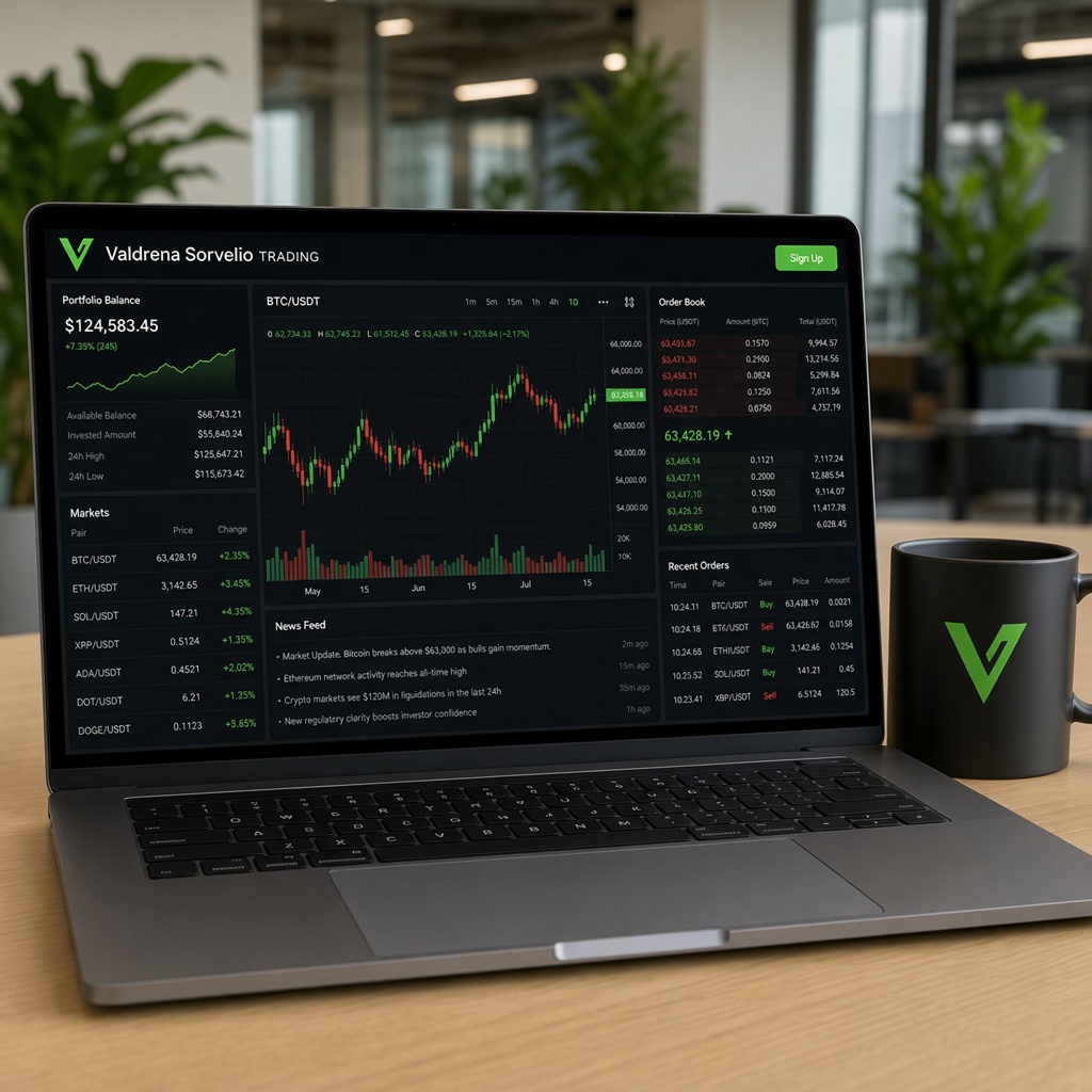 Terminal Valdrena Sorvelio en notebook con panel de trading en vivo y curva de rendimiento en verde