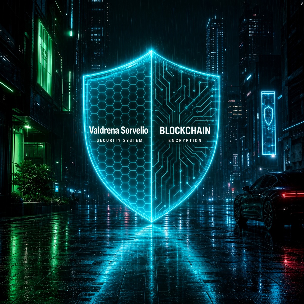 Escudo digital Valdrena Sorvelio sobre una ciudad, representando proteccion multicapa de activos